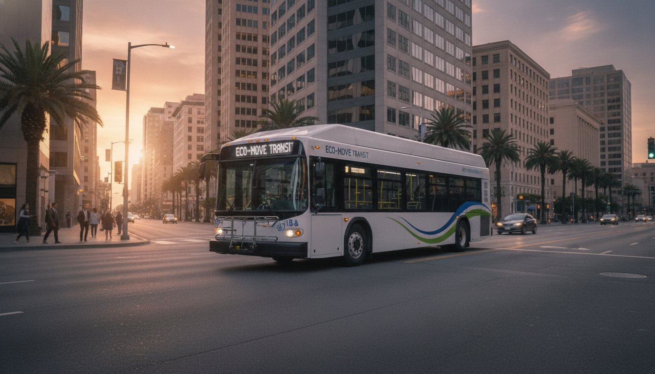Bus électrique moderne en ville au coucher du soleil