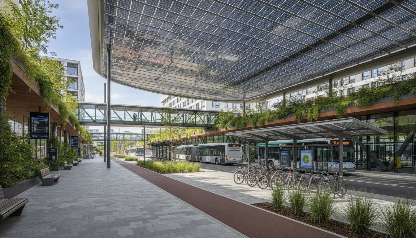 Pôle de mobilité moderne et durable : bus électriques, pistes cyclables, infrastructures végétalisées
